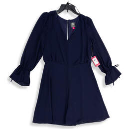 NWT Womens Blue V-Neck Long Sleeve Back Zip Shift Dress Size 8