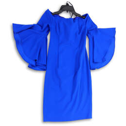 Womens Blue Flutter Bell Sleeve Off The Shoulder Sheath Dress Size 6