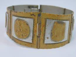 Taxco Mexico 925 & Brass Eagle & Snake Warriors & Aztec Calendar Tapered Wide Paneled Bracelet 46.2g alternative image