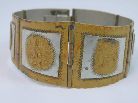Taxco Mexico 925 & Brass Eagle & Snake Warriors & Aztec Calendar Tapered Wide Paneled Bracelet 46.2g image number 2