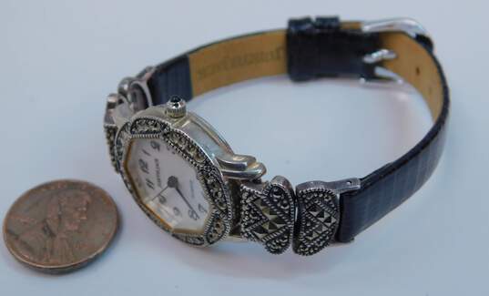 Judith Jack Sterling Silver Marcasite Case Mother Of Pearl Dial Leather Watch 21.8g image number 5