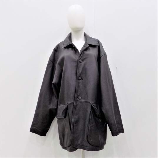 VTG Barneys New York Men's Black Leather Button Down Jacket Car Coat Size Large image number 1