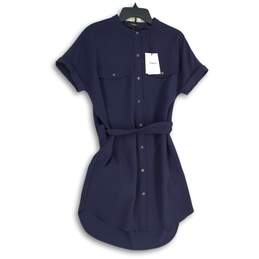 NWT Womens Blue Short Sleeve Button Front Belted Shirt Dress Size Small