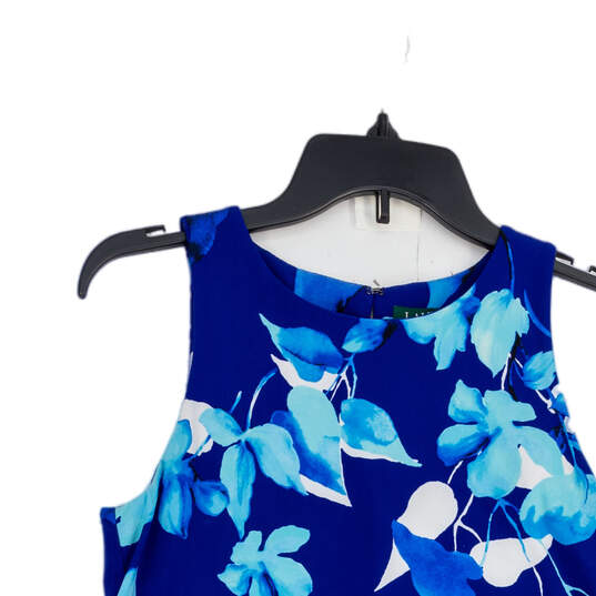 Womens Blue Floral Round Neck Back Keyhole Sleeveless A-Line Dress Size 4 image number 3