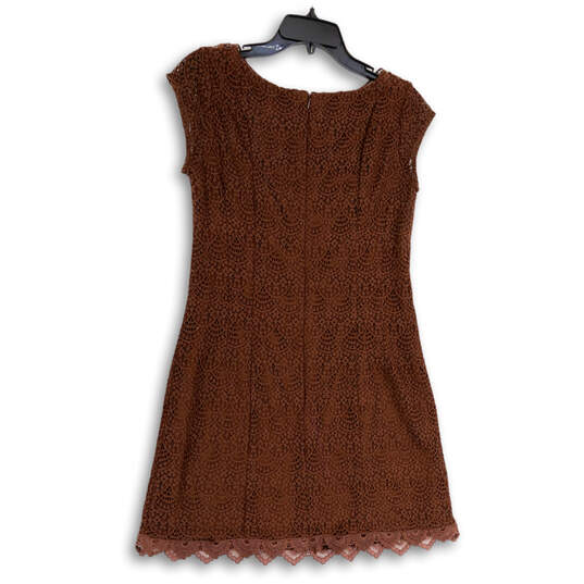 Womens Brown Lace Cap Sleeve Round Neck Back Zip Sheath Dress Size 4 image number 2