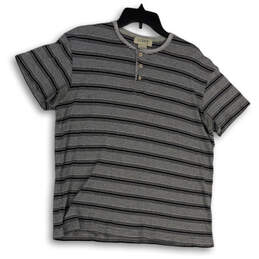 Mens Gray Blue Striped Short Sleeve Henley Neck  Stretch T-Shirt Size Medium