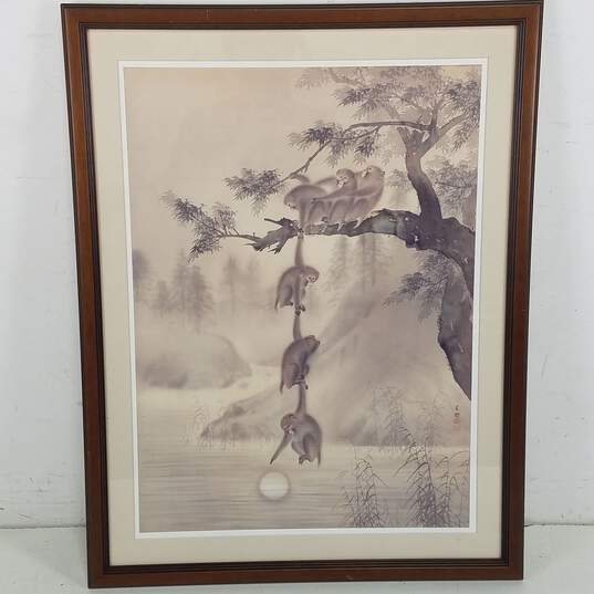 Watercolor Print - Monkeys Reaching for the Moon - Framed image number 1
