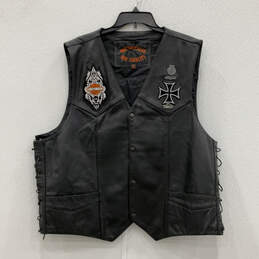 Mens Black Leather Patches Side Laces Pockets Snap Biker Vest Size 54