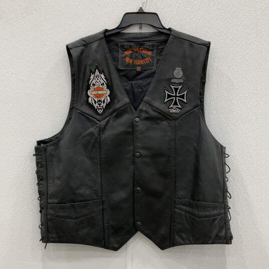 Mens Black Leather Patches Side Laces Pockets Snap Biker Vest Size 54 image number 1