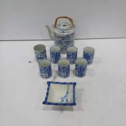9PC Porcelain White & Blue Teapot & Cup Bundle