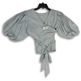NWT Womens Gray Puff Sleeve Wrap V-Neck Tie Waist Cropped Blouse Top Size M