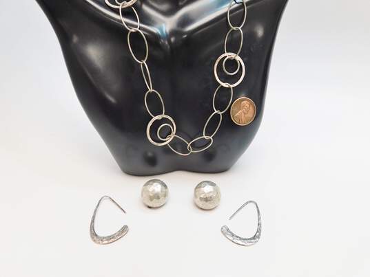 Milor & G&H 925 Textured Circles & Ovals Fancy Chain Necklace & Hammered Dome Clip On & Flat Curved Drop Earrings 45.2g image number 4