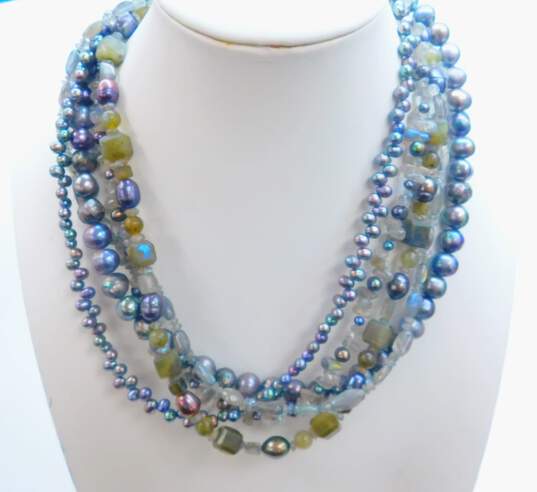 Artisan 925 Dark Pearls & Labradorite Beaded Multi Strand Bali Style Toggle Statement Necklace 121.5g image number 1