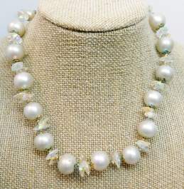 Vintage Vendome Faux Pearl & Aurora Borealis Beaded Gold Tone Necklace 55.4g
