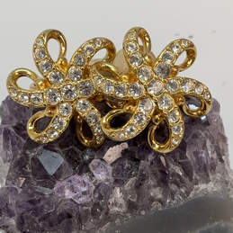 Designer Swarovski Gold-Tone Rhinestone Floral Clip On Stud Earrings