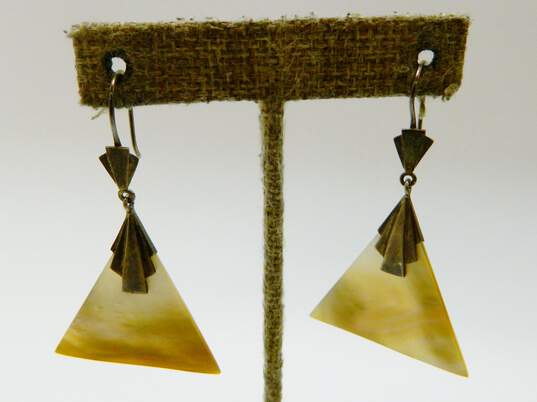 Artisan 925 White & Yellow Mother of Pearl Shell Triangle Drop Earrings & Inlay Hinged Bangle Bracelet 19.7g image number 2