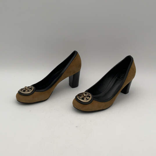 Womens Brown Black Leather Round Toe Slip-On Block Pump Heels Size 7 image number 6