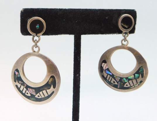 Taxco Sterling Silver Abalone Inlay Fish Open Circle Dangle Earrings 16.7g image number 1