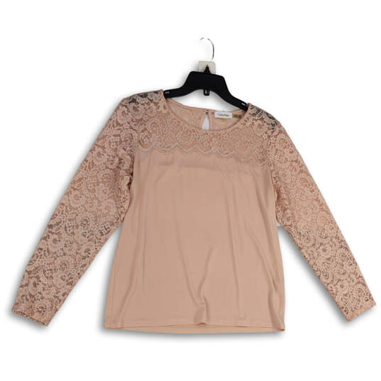Womens Pink Floral Lace Round Neck Long Sleeve Blouse Top Size Large image number 1