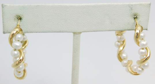 10K Gold White Pearls Beaded & Twisted Hoop Earrings 4.6g image number 1