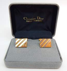 Vintage Christian Dior Goldtone Striped Mens Cufflinks In Original Box