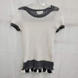 Anthropologie Black White Tassel Trim Knit Short Sleeve Sweater Size XS