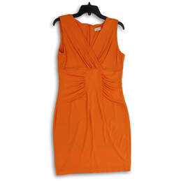 Womens Orange Sleeveless Wrap V-Neck Pleated Back Zip Sheath Dress Size 8