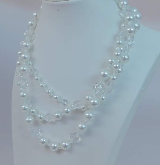 KJL Kenneth Jay Lane Silvertone Faceted Crystals & White Faux Pearls Beaded Three Strand Necklace 141.6g image number 2