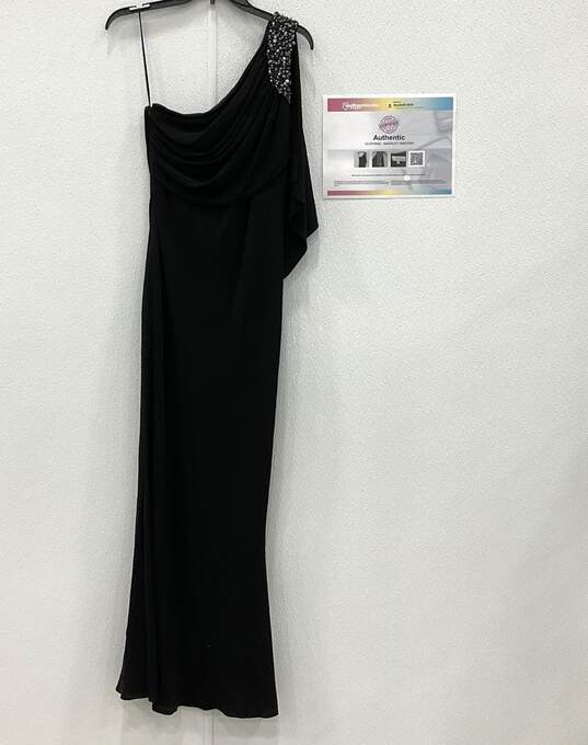 Badgley Mischka Collection One Shoulder Black Midi Dress image number 1