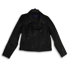 Womens Black Leather Long Sleeve Full-Zip Motorcycle Jacket Size Medium