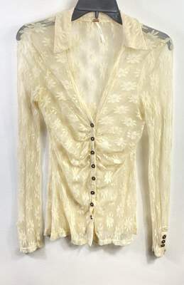 Free People Women Ivory Mesh Floral Button Up Shirt S
