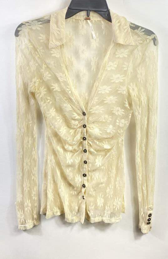 Free People Women Ivory Mesh Floral Button Up Shirt S image number 1