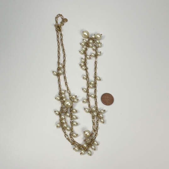 Designer J. Crew Gold-Tone White Triple Pearl Rhinestone Chain Necklace image number 2