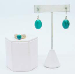 Artisan 925 Malachite Oval Drop Earrings & Cabochon Scrolled Band Ring 12.2g