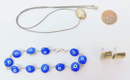 Artisan 925 Modernist Brushed Oval Pendant Necklace Chunky Concave Rectangle Post Earrings & Blue Glass Evil Eyes Linked Bracelet 23.7g image number 7