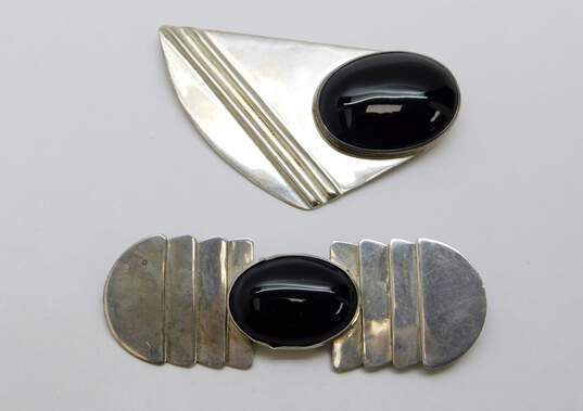 2 Sterling Silver Onyx Mid Century Modern Statement Brooches 38.0g image number 1