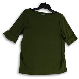 Womens Green Cuffed 3/4 Sleeve Round Neck Stretch Pullover T-Shirt Size 1X