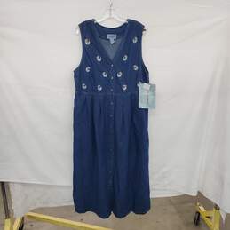 Jane Ashley Vintage Blue Cotton Snowman Embroidered Maxi Dress WM Size XL NWT
