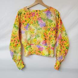 Vintage The Gibson Girl of Miami Cropped Blouse Puff Sleeve Yellow Floral Sz 10