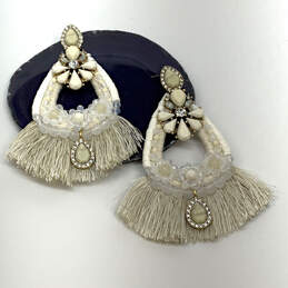 Designer Stella & Dot White Pearl Crystals Beaded Tassel Drop Earrings