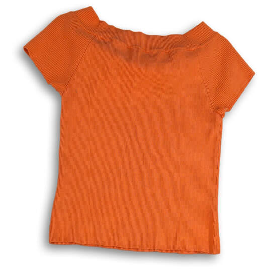 Womens Orange Short Sleeve Boat Neck Pullover Ribbed Blouse Top Size Large image number 2