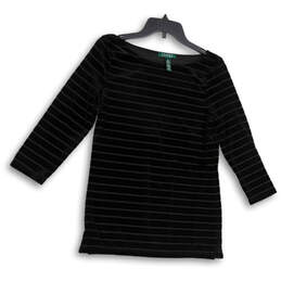 Womens Black Striped Round Neck Long Sleeve Pullover Blouse Top Size Medium