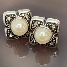 Designer Brighton Silver-Tone Pearl Stone Square Shape Fancy Stud Earrings