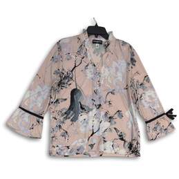 Karl Lagerfeld Womens Pink Gray Floral Ruffle V-Neck Blouse Top Size Large