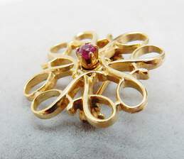 10K Yellow Gold Ruby Accent Floral Swirl Pin/Brooch 1.3g