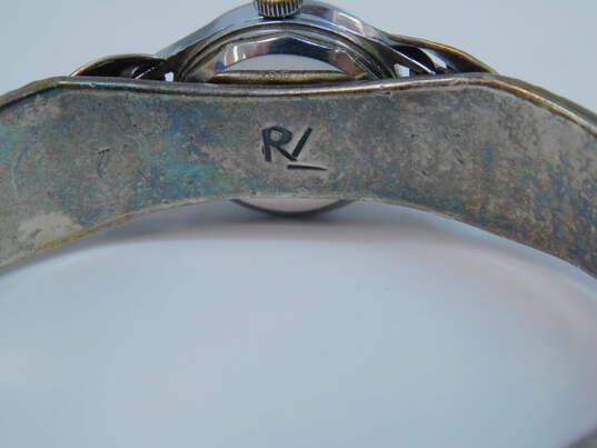 Vintage Roy Vandever Navajo 925 Turquoise Coral Hilton 17 Jewels Watch Cuff Bracelet 40.8g image number 4