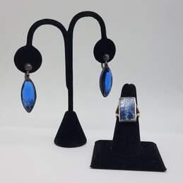 Mexico LN Sterling Silver Glass Ceramic 2 Inch Drop Earring Sz 7 Ring Jewelry Bundle 2pcs 16.7g