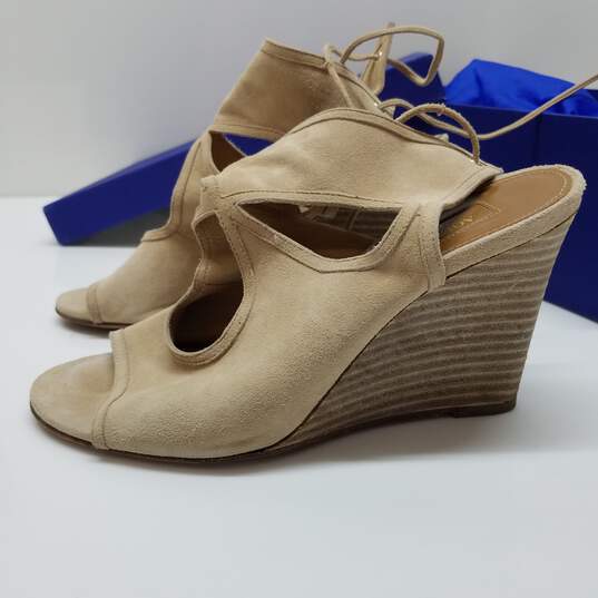 AUTHENTICATED Aquazzura Sexy Thing Wedge 85 Nude Suede Peep Toe Sandals Size 36.5 image number 2