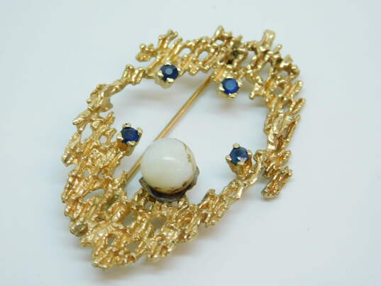 Romantic 12k Yellow Gold Blue Spinel & Pearl Brooch Pin 8.8g image number 6