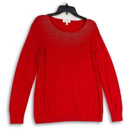 Womens Red Knitted Stud Long Sleeve Round Neck Pullover Sweater Size L